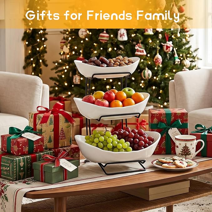 3 Tier Ceramic Fruit Basket for Kitchen Counter with Metal Stand, Fruit Bowls with Rack, Porcelain Bowls for Vegetable Bread Candy Snack Nuts Dessert Cake Tray - Image 8