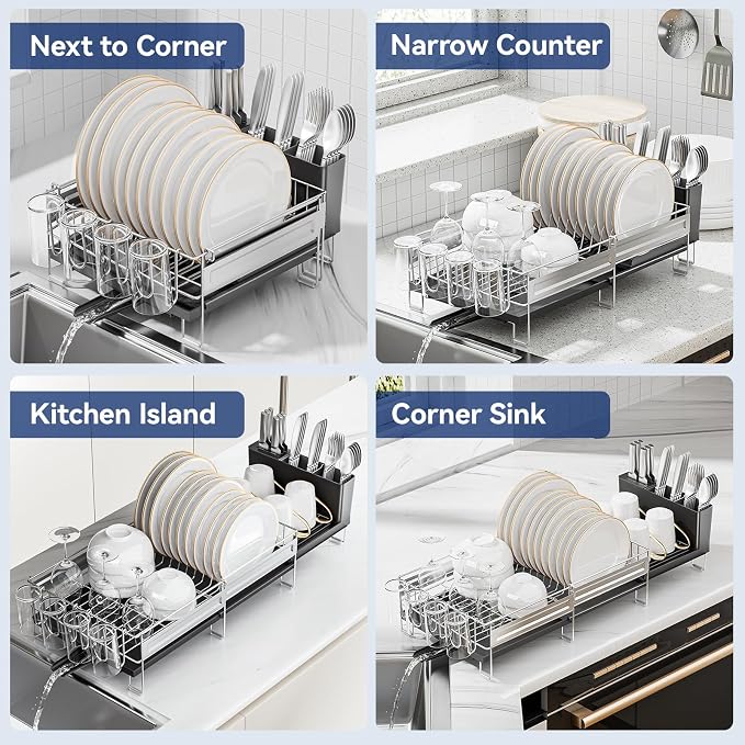 Stainless Steel Dish Drying Rack - Expandable Dish Racks for Kitchen Counter Organizer with Drain Board, Detachable Utensil & Cup Holder, Dish Drainer for Small Kitchen Counter, Black - Image 8