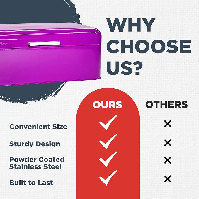 Culinary Couture Extra Large Purple Bread Box for Kitchen Countertop - Holds 2 Bread Loaves! - 16.5" x 9" x 6.5" - Stainless Steel Vintage Bread Boxes for Kitchen Counters - Bonus Recipe Ebook - Image 6