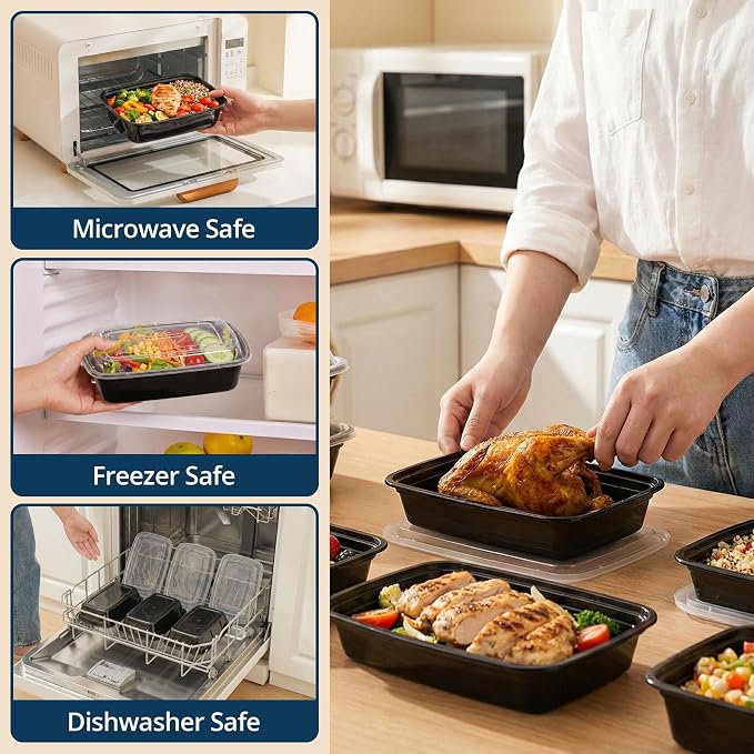 TIYA Food Containers - 32 oz Bulk 150 Pack with Lids - Rectangular Plastic To-Go Containers - Reusable, Microwavable, Dishwasher Safe - Leak-Proof for Meal Prep - BPA-Free - Image 5