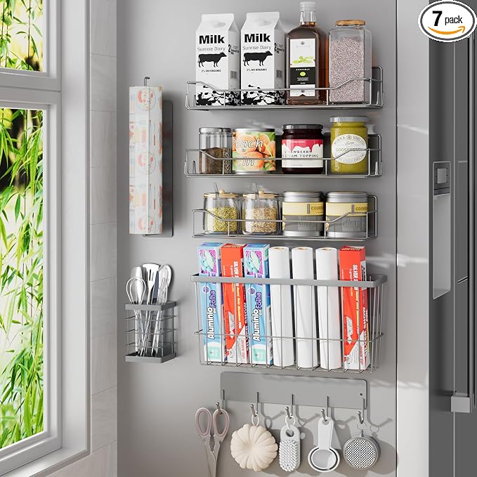Magnetic Spice Rack for Refrigerator, 7 Pack Magnetic Fridge Shelf for Kitchen Organization Storage, Moveable Spice Organizer W/Paper Towel Holder, Utensil Caddy, Cutting Board Rack (Grey) by IYEBAU