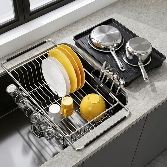 JASIWAY in Sink Dish Drying Rack with Drainboard and Utensil Holder | Use Over the Sink or Counter, Stainless Steel Expandable Dish Drainer for Small Kitchen, Space Saving, Fast Drain, Rustproof by JASIWAY