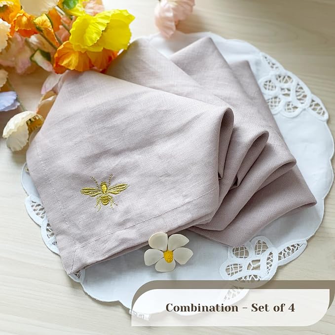 DerF HOME Embroidered Linen Napkins Set of 4, Light Pink 18x18 Inch | 100% Pure Linen Cloth Dinner Napkins with Elegant Embroidery, Reusable Washable Table Napkins for Wedding, Party & Home Decor - Image 2