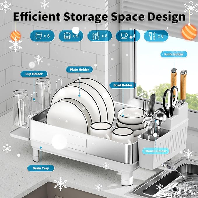 Dish Drying Rack, 304 Stainless Steel Dish Racks for Kitchen Counter | Dish Drainers with Automatic Drainage, Utensil Holder & Cups Holder, Space Saving Kitchen Organizer, White - Image 5