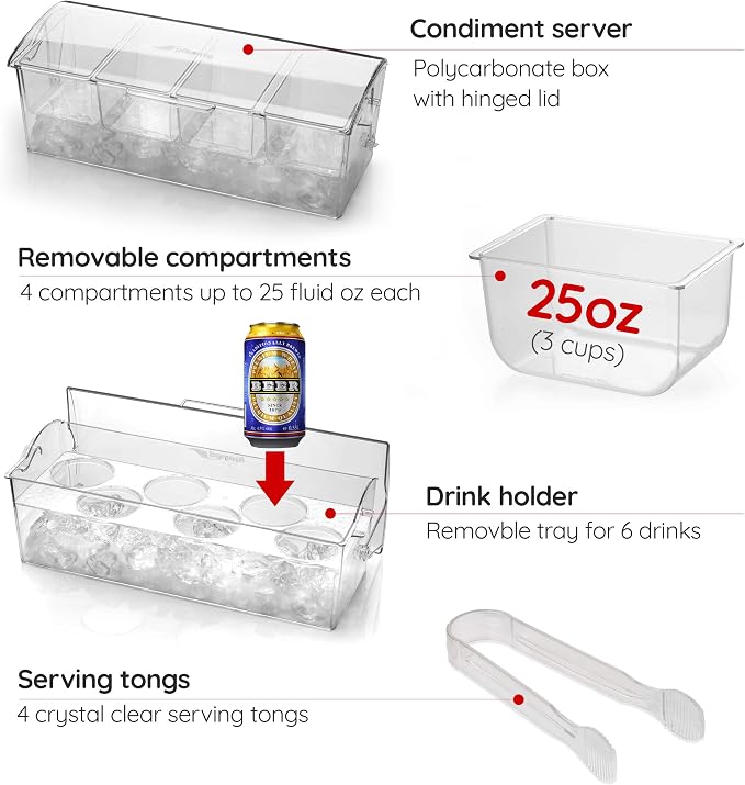 Pikanty Chilled Condiment Server Caddy with Ice Base - 4 Compartments and 4 Serving Tongs Included, Mimosa Bar, Taco Bar, Garnish Tray for Parties, Weddings, BBQs, Dishwasher Safe, Made in USA - Image 2