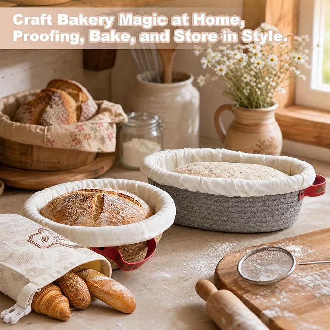 Cotton Rope Banneton Bread Proofing Basket with Beeswax Bag Set | 9''Round & 10''Oval, Washable Liners & Covers, for Artisan Bread Baking, for Sourdough Proofing, for Baking Gifts - Image 6