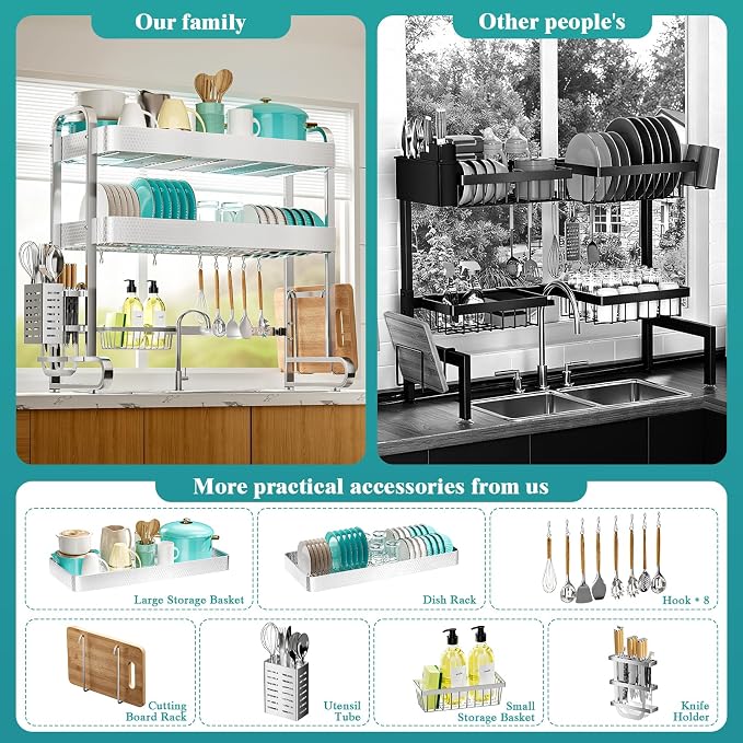 HOWDIA 3-Tier Over The Sink Dish Drying Rack, 304 Stainless Steel | Honeycomb Design, Cutlery Holder & Chopping Board Rack, 33.86” x 11.81” x 33.07” for Maximum Kitchen Storage - Image 4