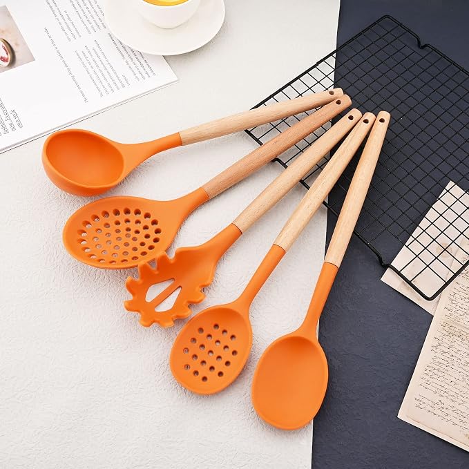 JASHII Orange Silicone Kitchen Utensils Set Orange Rubber Spatulas with Wooden Handle, Silicone Cooking Utensils with Holder, Heat Resistant for Nonstick Cookware - Image 5