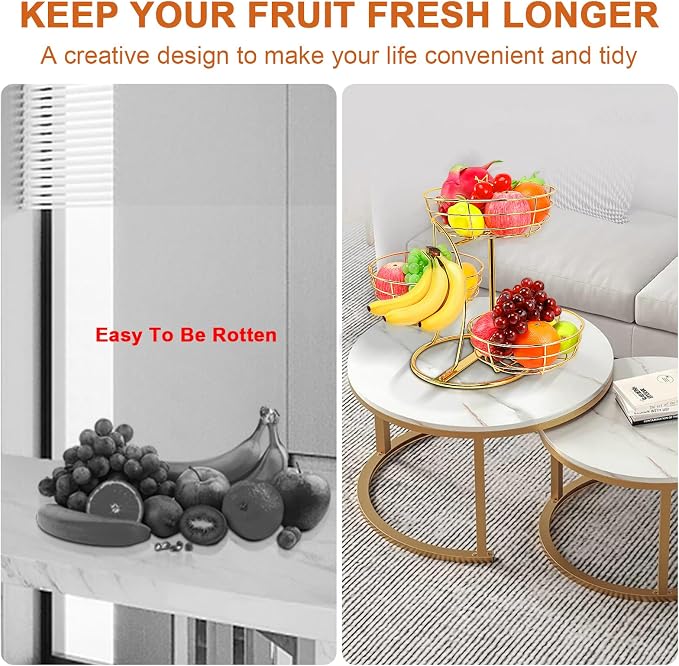 Livabber Fruit Basket Bowl with Banana Hanger, Fruit Vegetable Storage Basket with Banana Tree Holder for Kitchen Counter, Detachable Organizer for Bread Snack Produce (Gold, 3-Tier Metal Base) - Image 5