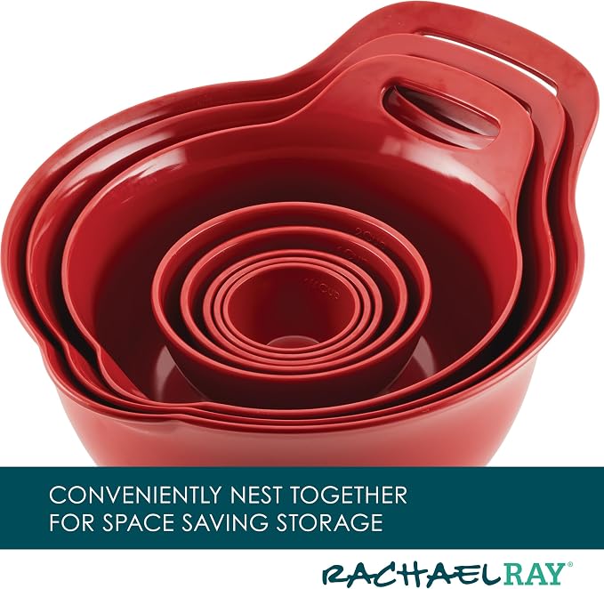 Rachael Ray Pantryware Nesting Mixing Bowls with Built-in spouts and Handles and Measuring Cups For Space-saving storage, Utensil Set, Dishwasher Safe, 10 Piece, Red - Image 7