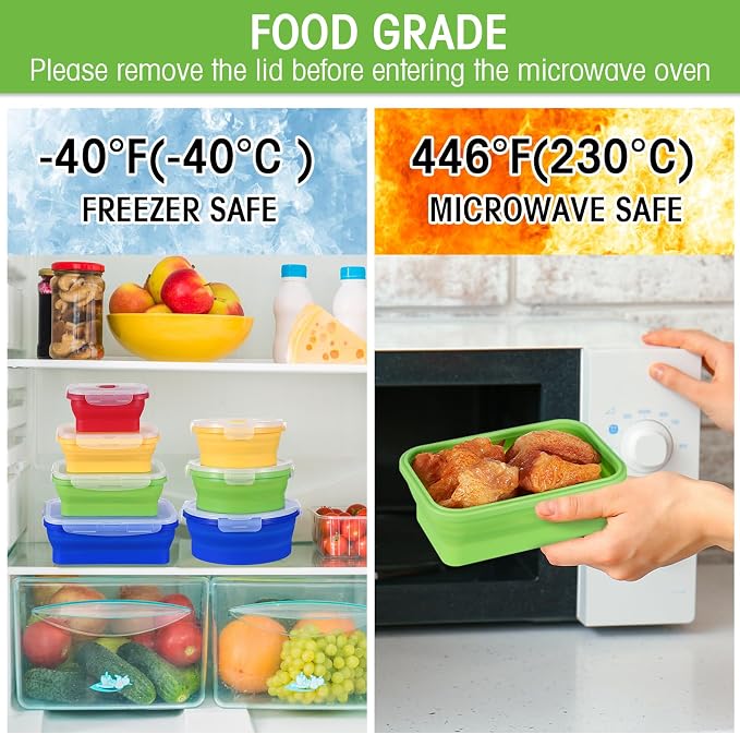 Yaomiao 16 Pack Collapsible Food Storage Containers with Lid Air Vent Foldable 8 Rectangle Storage Bowl and 8 Round Silicone Food Bow for Lunch Camping Rv Accessories Microwave Freezer(Bright Colors) - Image 4
