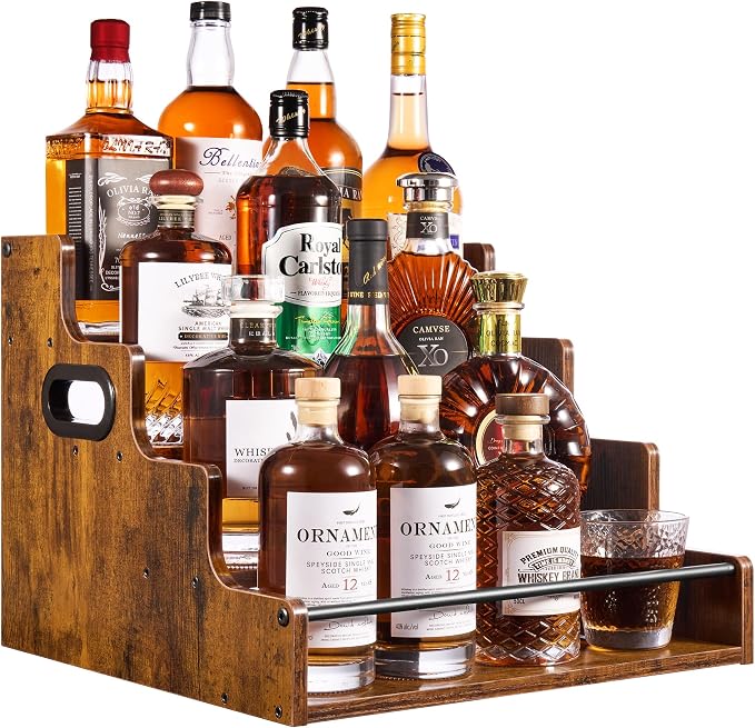 YQBRAO 4-Tier Liquor Bottle Display Shelf, 16-Inch, Rustic Brown | Holds up to 16 bottles with stepped visibility, sturdy support, and side handles for whiskey, bourbon, bars, and kitchens. by Unknown