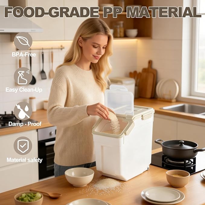 RUIAN 2Pcs Large Flour Storage Container Bin 25Lb Airtight Rice Storage Containers with Wheels Seal Locking Lid, BPA Free with Measuring Cup&Scoop for Flour, Rice, Grain (Gray) - Image 3