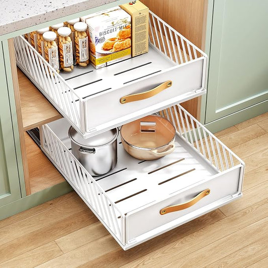 Pull out Cabinet Organizer,Heavy Duty Slide out Pantry Shelves Drawer Storage with Adhesive Nano Film,Sliding Mesh Cabinet Basket with Handle for Kitchen, Bathroom, Home, 13.8"W X 21"D X 6.2"H,White by Kitstorack