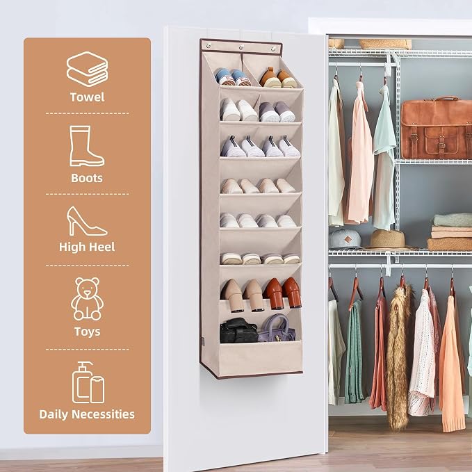 STORAGE MANIAC Over the Door Shoe Organizer Heavy-Duty Large Deep Pocket Hanging Shoe Organizer Shoe Rack Door Closet Shoe Organizer for Wall, Dorm & Narrow Door Storage Shoe Holder Oat Beige, 2 Pack - Image 5