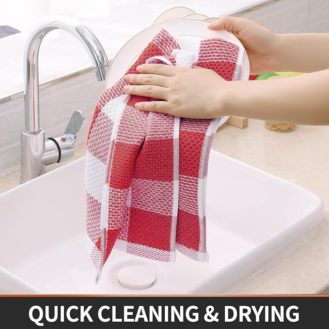 Homaxy Kitchen Towels and Dishcloths Set, Set of 8, White & Red | Bulk Cotton Waffle Weave Check Plaid Kitchen Towels, Super Soft and Absorbent Dish Cloths, 12 x 12 and 13 x 28 Inches - Image 7