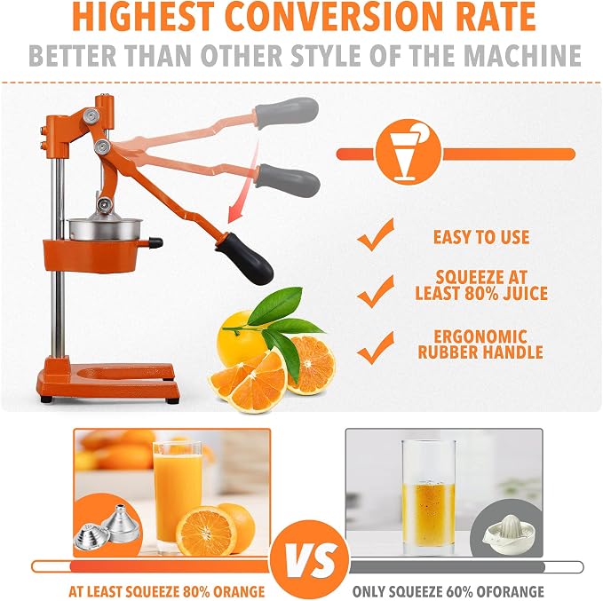 19 Inch Height Extra Tall Commercial Heavy Duty Cast Iron Hand Press Manual Orange Citrus Lemon Lime Grapefruit Pomegranate Fruit Juice Squeezer Machine with Stainless Steel Cup - Image 3