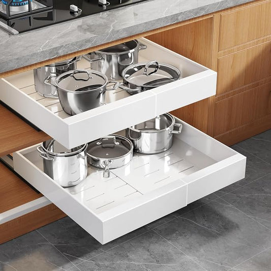 Seinloes 1 Pack Expandable Pull Out Cabinet Organizer 21" Deep with Raising Pad for Framed Cabinets,Upgrade 3 Slide Rails Slide Out Drawers,Roll Out Shelves Adhesive,Adjustable Width 12.05"-20.4"White by Seinloes