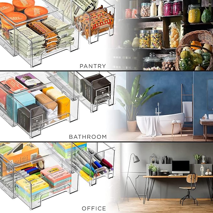 Sorbus Fridge Drawers - Clear Stackable Pull Out Refrigerator Organizer Bins - Food Storage Containers for Kitchen, Freezer, Vanity & Fridge (3 Pack | 1 Medium, 2 Small Stackable Drawer Bins) - Image 5