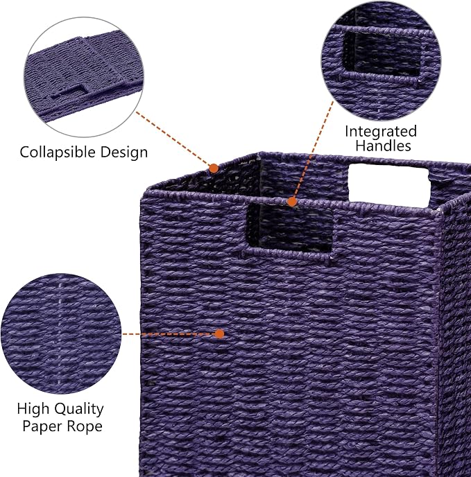 Wicker Storage Basket, Set of 2 Hand-Woven Wicker Basket, 11 inch Storage Basket, Foldable Cube Storage Organizer Bins, Storage Baskets for Organizing Shelves Decor, Purple (11″×11″×11″) - Image 2