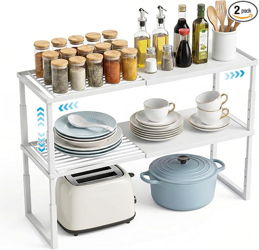 2 Packs Expandable Cabinet Shelf Organizer, Stackable Countertop Shelves | 15.8''- 25.5'' In Cabinet Shelf, Adjustable Kitchen Cabinet Organizer for Pantry Organizer, CupBoard Organizers and Storage by Unknown