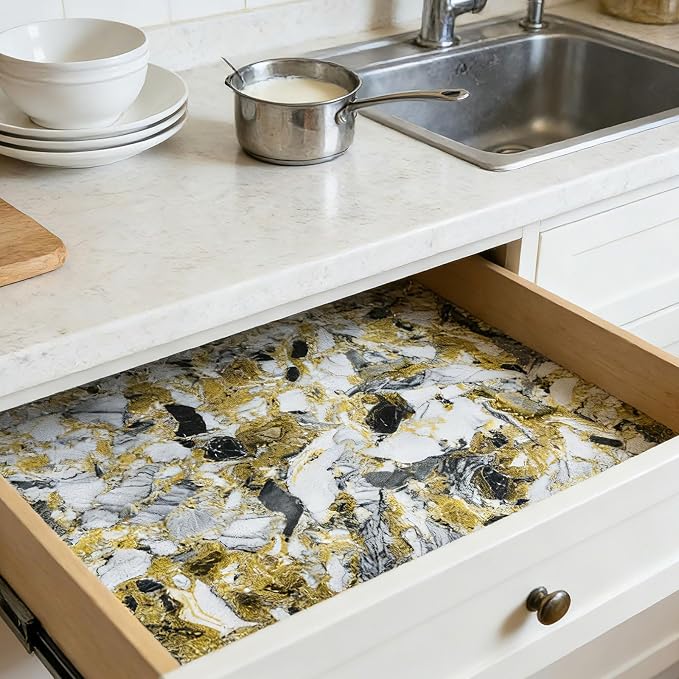 Drawer and Shelf Liner - Yellow Black Marble Pattern,Non Adhesive | Non Slip Waterproof Easy-Clean Liner for Kitchen Cabinet, Refrigerator, Bathroom, Pantry Storage Drawers, 17 in x 20 Ft - Image 5