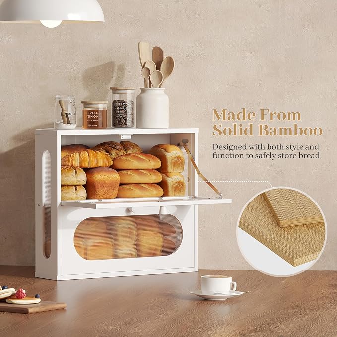 Corner Bread Box for Kitchen Countertop, 2026 New Double Layer Bamboo Bread Storage Bin, Large Bread Container for homemade bread (White) - Image 7
