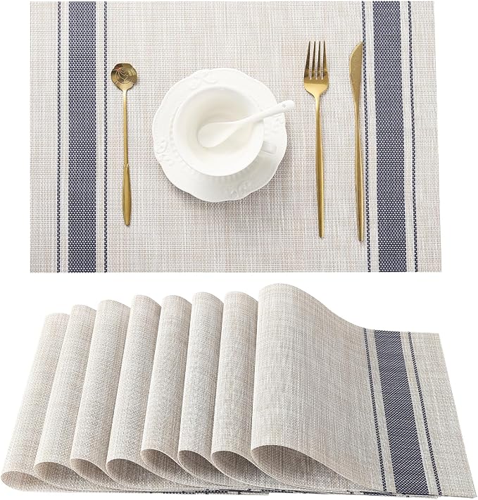 Leetaltree Khaki-Blue Placemats, Heat Resistant Non-Slip Place mats for Dining Table, Washable Durable PVC Vinyl Woven Table Mats (Set of 8) by Leetaltree-ArtatEveryTable