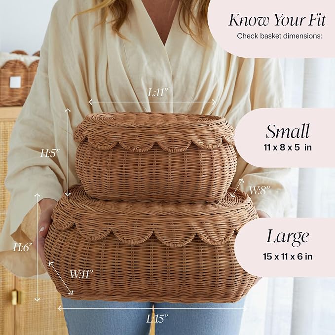 BEBE BASK The Original Scalloped Basket with Lid - Set of 2 (15x11x6 In) | Handwoven & Award Winner, Sustainable Rattan, Wicker Basket With Scalloped Edge Lid, Nursery Storage, Scallop Basket, Mocca - Image 4