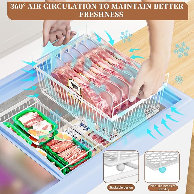 Large Freezer Organizer Bins for 10 to 20 Cu.Ft,3 Pack , Leak-Proof Bottom | ANJUBANFreezer Organizer Bins, Stackable,expandable,foldable,With handle Wire Storage Container Baskets for Sort Frozen Meats - Image 6