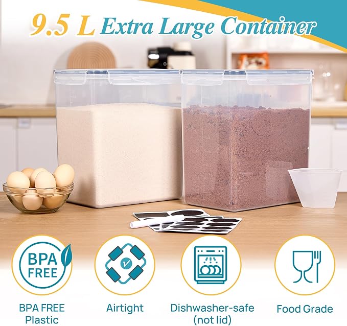 Vtopmart 9.5L Flour Sugar Storage Containers, 2 Pack, Each Fits 12.5 lb | Each for 12.5 lb Flour, Airtight Seal, Multiple Sizes, BPA Free, Food Grade Material, Dishwasher Safe (Not Lids) - Image 3