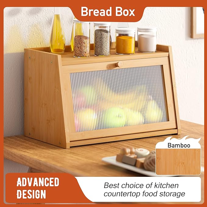 GHWIE Large Bread Box, Easy Access & Cleaning - Bamboo Bread Box for Kitchen Countertop with Acrylic Door (Natural, Medium) - Image 2