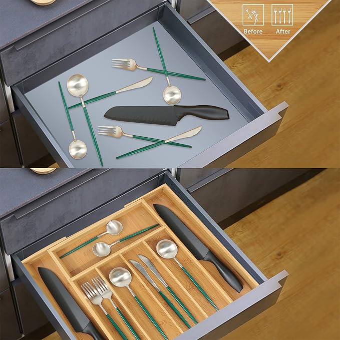 VaeFae Bamboo Drawer Organizer, Medium, Natural | Kitchen Utensil Holder, Multi-Function Drawer Storage，38 cm D x 29.2-45.7 cm W, 5-7 Slots, Natural - Image 5