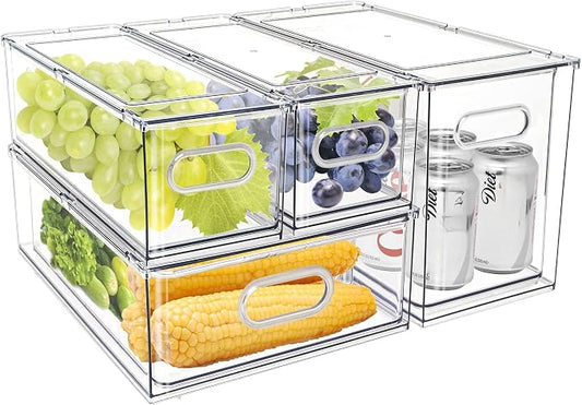 MANO Fridge Drawer Pull Out Stackable Bins with Handle Clear Refrigerator Drawers Organizer Food Storage Container Box with Dividers Plastic Produce Saver for Pantry, Cabinet, Kitchen, Clothes（4Pack） by MANO