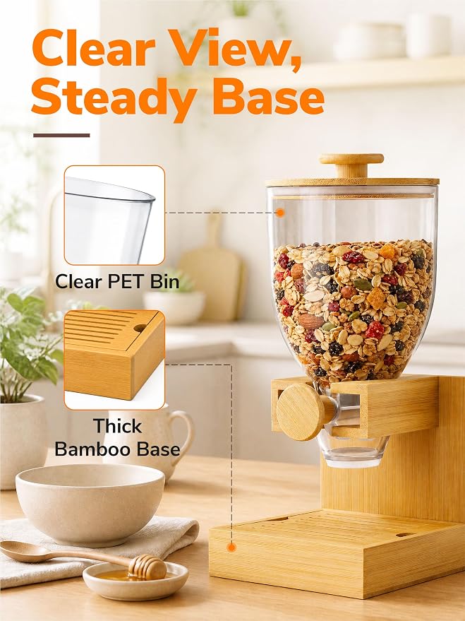 3.5L Large Capacity Cereal Dispenser Countertop, Bamboo Cereal Containers | Airtight, Natural Bamboo Base & Lid, Single Pack Dry Food Dispenser for Cereal, Grains, Nuts, Kitchen & Pantry - Image 5