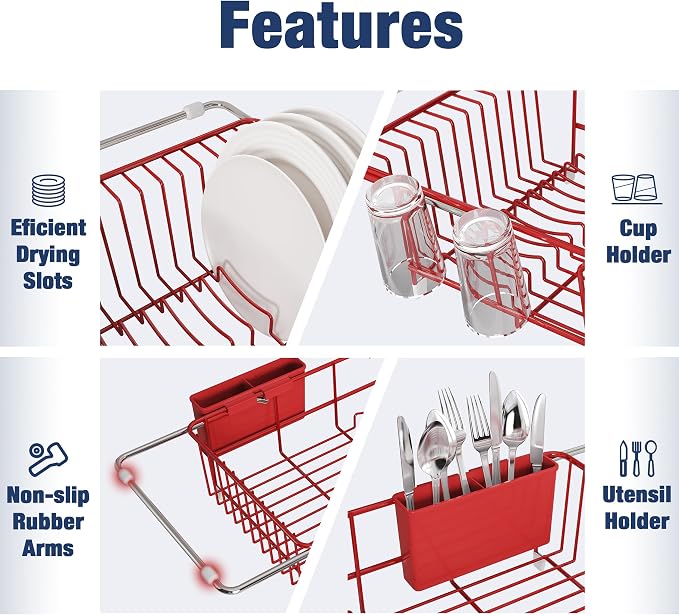 JASIWAY Red Dish Drying Rack in Sink with Mat, Cups and Utensil Holder | Use Over the Sink or Counter, Stainless Steel Expandable Dish Drainer for Small Kitchen, Space Saving, Fast Drain, Rustproof - Image 8