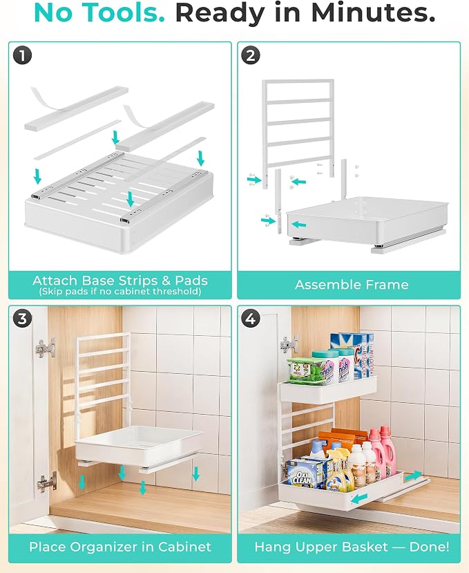EVERIE Height Adjustable 2 Tier Metal Pull Out Slide Shelf Organizer for Framed or Frameless Under Sink Cabinets in Kitchen, Bathroom, with Snap-on Top Tray (White, 2 Sets) - Image 7