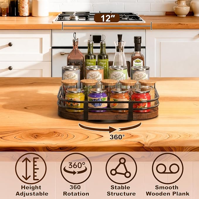 12" Large Lazy Susan Turntable Organizer -Rotating Spice Rack for Table Top | Wood Spice Cabinet Organizer for Pantry Kitchen Countertop Coffee Bar Cupboard Bathroom Vanity Storage - Image 2