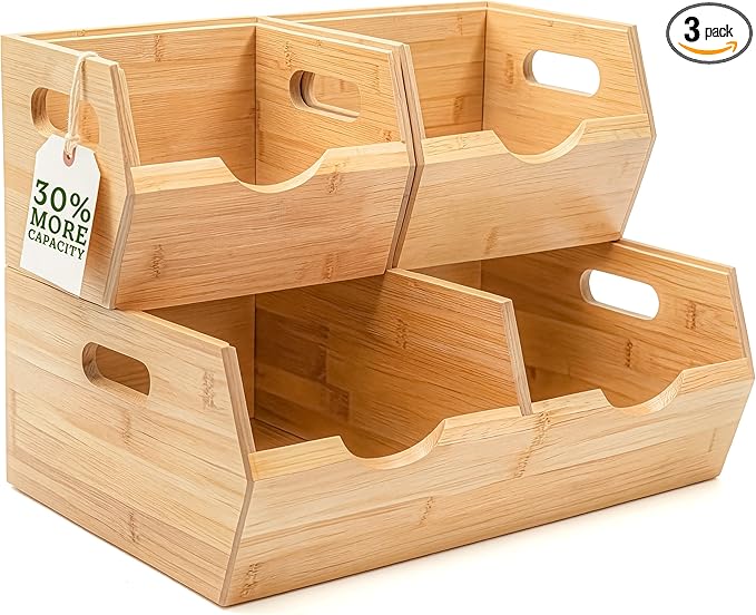 HOMESTEAD Extra Large Bamboo Pantry Storage Bins – 30% Larger, Stackable Potato Onion Storage Bin, Large Pantry Organizers and Storage, Produce Vegetable Organizer, Set of 3 by Homestead