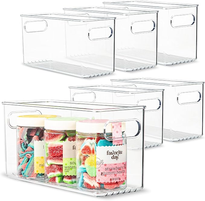 Plastic Food Storage 6 Pack Clear Container Bin with Handles for Organizing Kitchen, Pantry, Refrigerator, Freezer, Pantry, Cabinet, Closet, Bathroom. 10”x4”x5” by primebox
