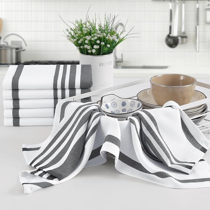 Homaxy Premium Cotton Stripe Kitchen Towels 12 Pack, 18"x 28", Black | Large 380 GSM Kitchen Hand Towels, Soft Terry Dish Towels, Highly Absorbent Tea Towel Set with Hanging Loop - Image 5
