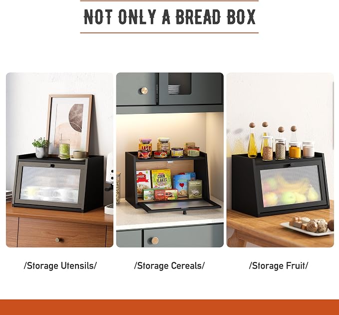 GHWIE Large Bread Box, Easy Access & Cleaning - Bamboo Bread Box for Kitchen Countertop with Acrylic Door (Black, Medium) - Image 7