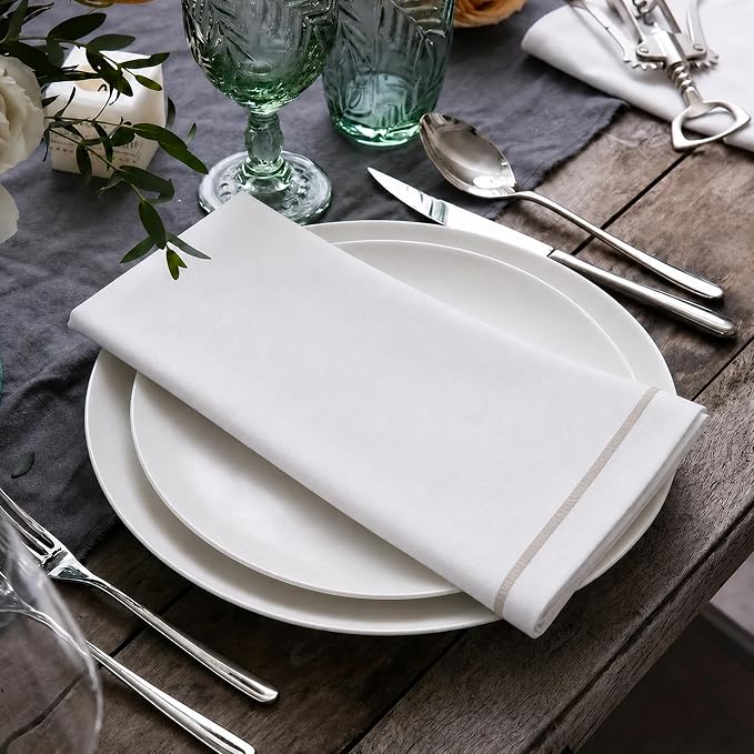 Cloth Napkins Set of 4, 20x20 inch, 100% Pure Cotton Hand Embroidered French Knot, Reusable & Machine Washable, Elegant Table Napkins for Dinner, Weddings, Parties (Taupe Line) - Image 4