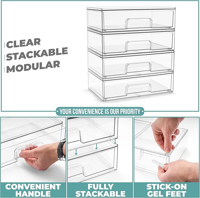 Sorbus Wide Stackable Acrylic Storage Drawers, 4 Pack Clear Plastic Organizer Bins for Baby Bottles, Makeup, Bathroom, Vanity &Countertop Organization, Pull-Out Drawer Design for Cabinets & Pantry - Image 5