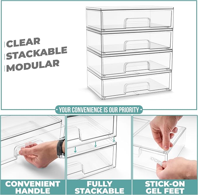 Sorbus Wide Stackable Acrylic Storage Drawers, 6 Pack Clear Plastic Organizer Bins for Baby Bottles, Makeup, Bathroom, Vanity & Countertop Organization, Pull-Out Drawer Design for Cabinets & Pantry - Image 4