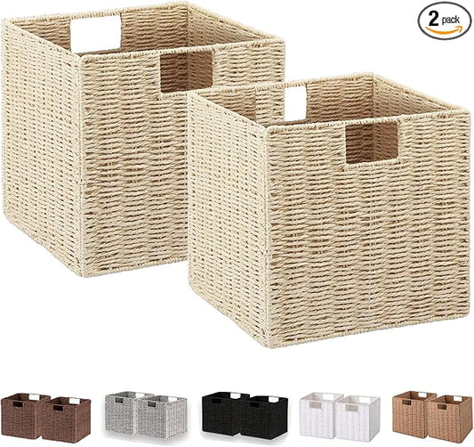 Wicker Storage Basket, Set of 2 Hand-Woven Paper Rope Storage Baskets, Foldable Cube Storage Organizer Bins, 11 Inch Wicker Storage Baskets for Shelves and Decor, Square Storage Basket, Beige by Vagusicc