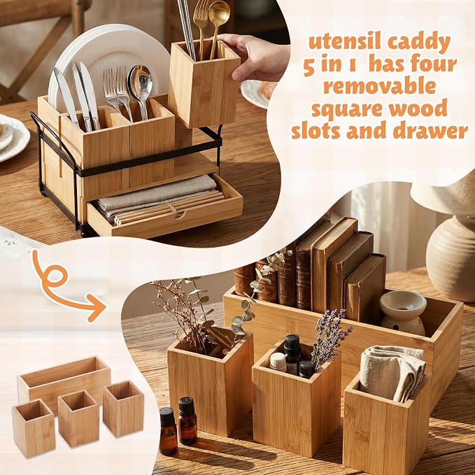 Qunclay Wooden Silverware Caddy with Drawer, Paper Plate Organizer Holder Dispenser for Party, Utensil Cutlery and Flatware Holder with 4 Compartments for Forks, Spoons, Napkins, Kitchen Countertop - Image 4