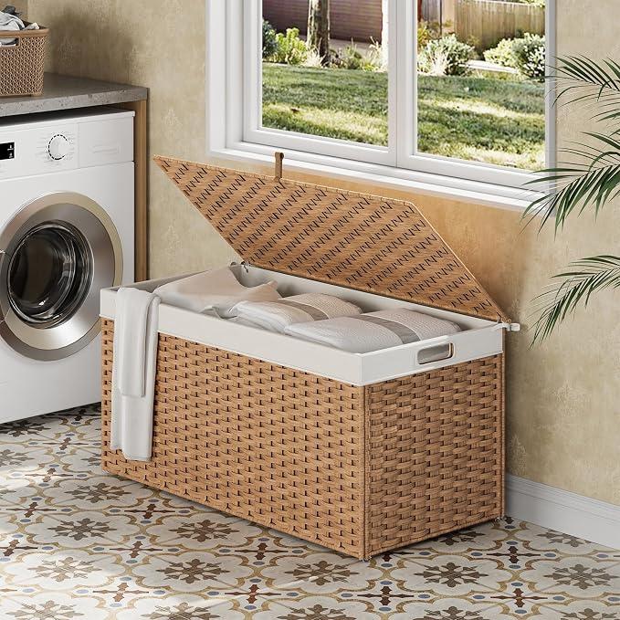 HOOBRO Storage Basket with Lid, 52.8 Gallon (200L) Wicker Basket, Handwoven Blanket Storage Basket with Handles, Metal Frame and Soft Lining, Foldable for Bedroom, Laundry Room, Natural NL220CW01 - Image 3
