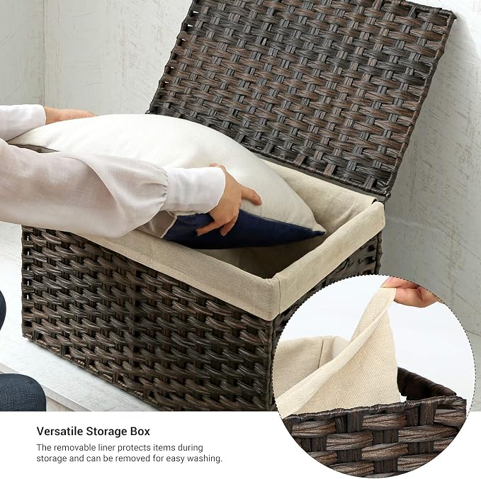 SONGMICS Storage Basket with Lid, Woven Blanket Storage Bin with Handles, Foldable, Removable Liner, Metal Frame, for Bedroom, Laundry Room, 17.2 Gallons (65 L), Brown URST56BR - Image 7