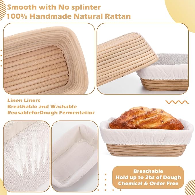 Nuogo 4 Pieces 10 Inch Bread Banneton Proofing Basket Rattan Banneton Dough Proofing Bowls with Liners and Scatters for Home Sourdough Baking (Rectangle) - Image 5